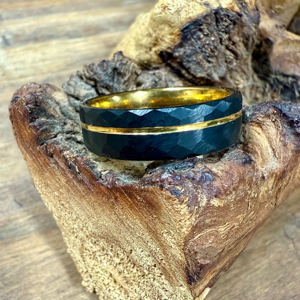 6mm Black Hammered Gold Obsidian Tungsten Wedding Band